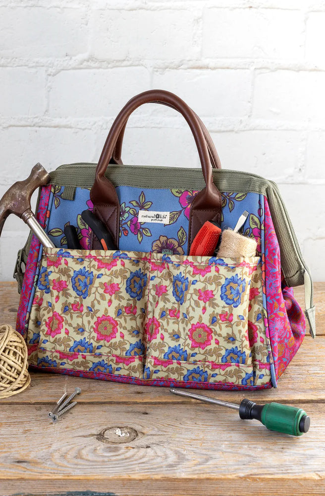 Zip Up Utility Tote Mix Print floral organiser tote with wide zip opening and outer pockets