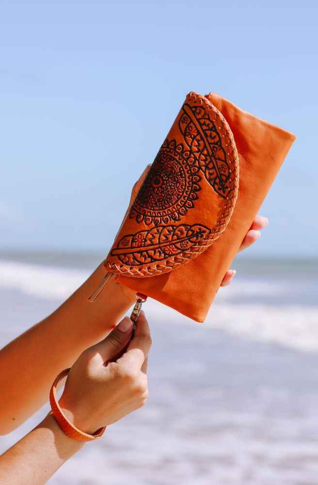 boho purse wallet tan colour feather design