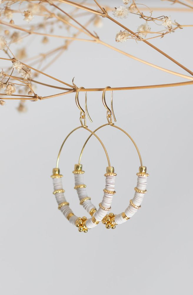 bohemian white disc gold hoop earrings