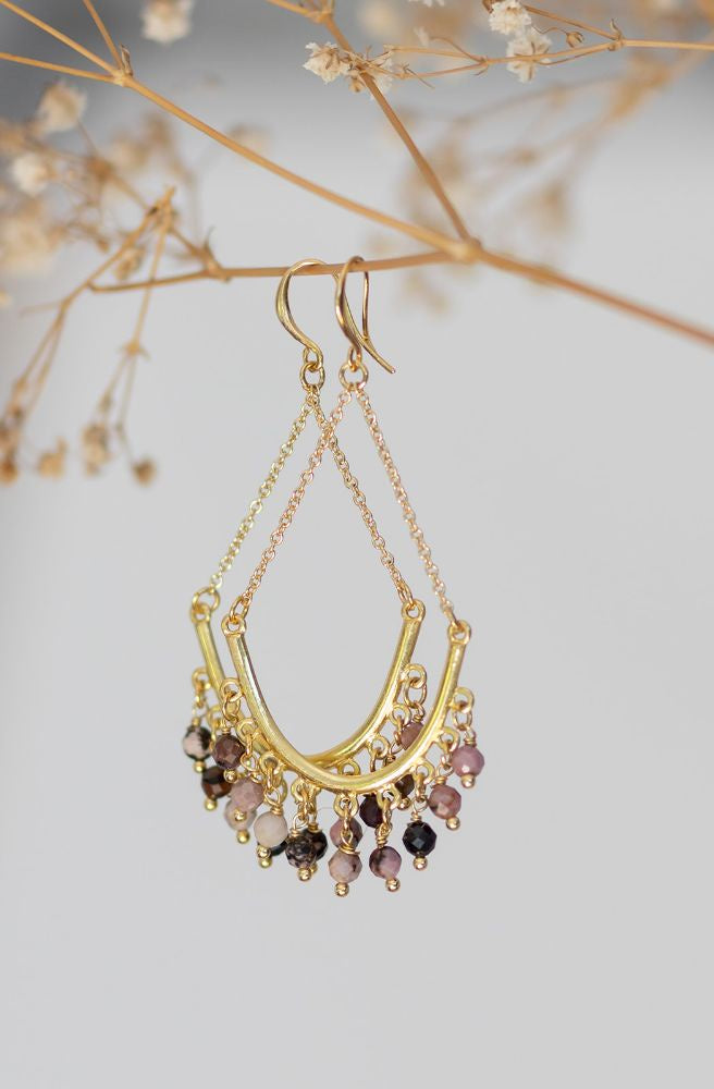 boho gold dangle earrings rodhonite stone