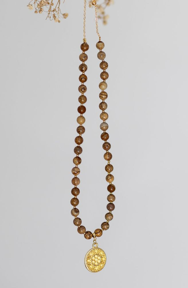 bohemian jasper stone necklace gold mandala pendant