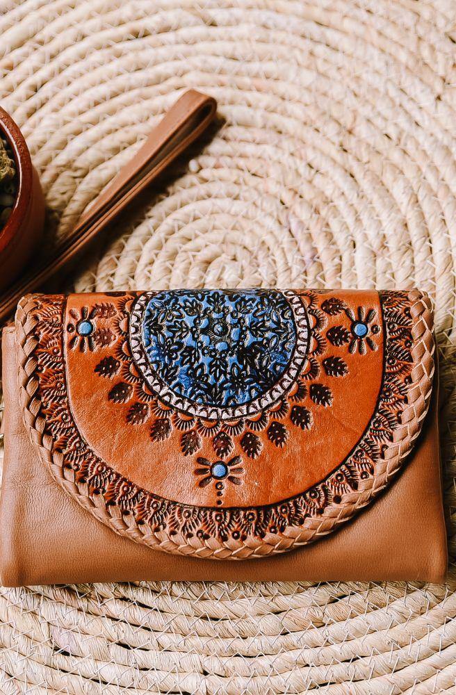 boho leather wallets and bags australia tan with blue accents hand tooled