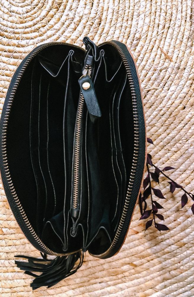 zipper half moon clutch purse boho floral design tan and black