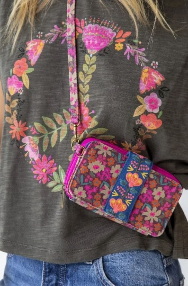floral embroidered wallet removable shoulder strap