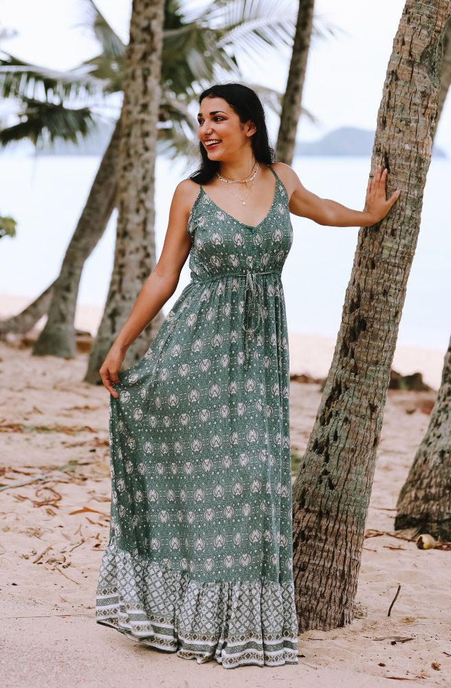 Womens Boho Style Maxi Dress, Green Indian Woodblock Print