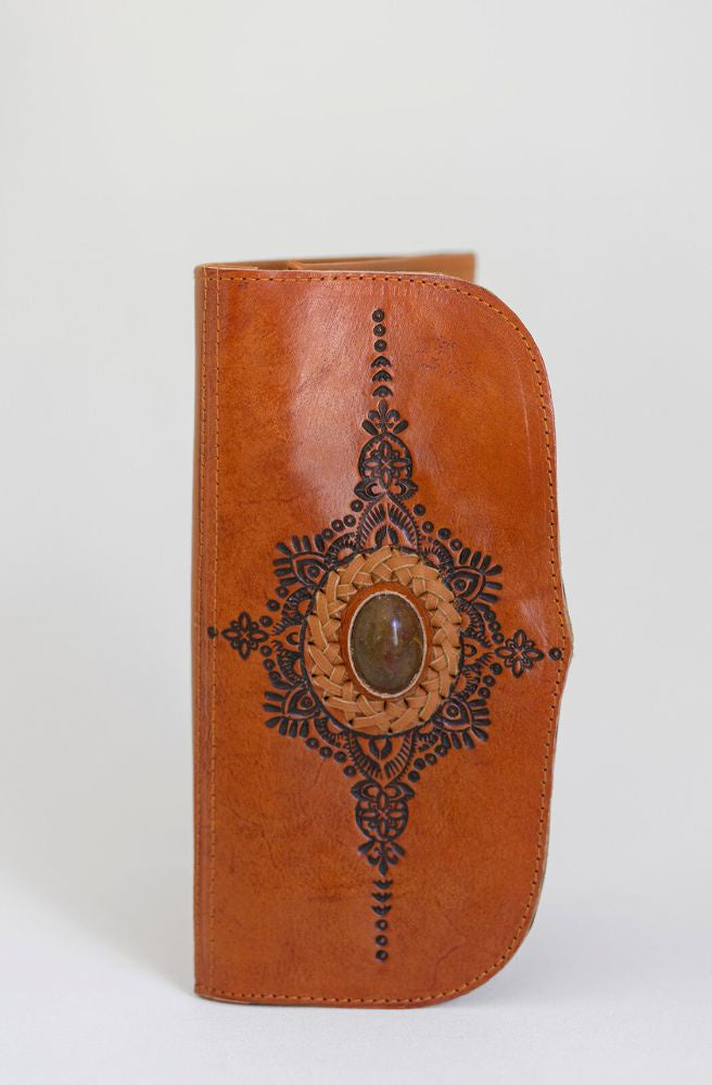 bohemian saffron wallet goats leather intricate hand carved design