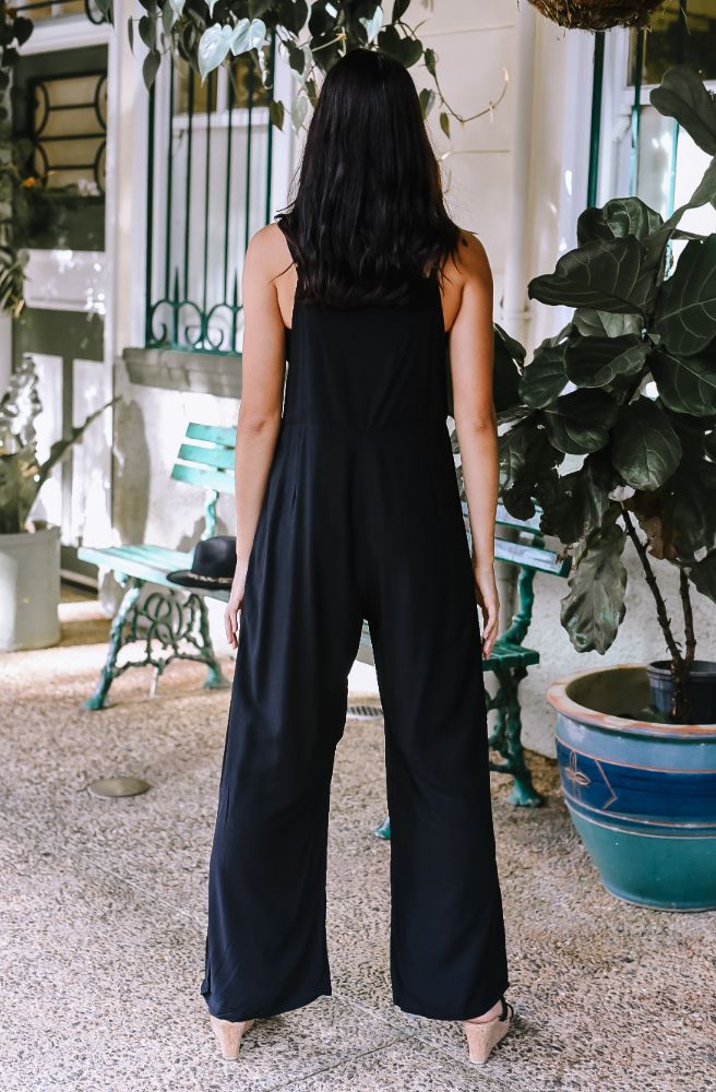 full length womens black overalls