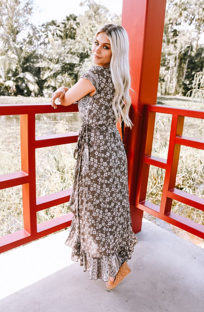 boho style wrap dress, side view of ruffle hem