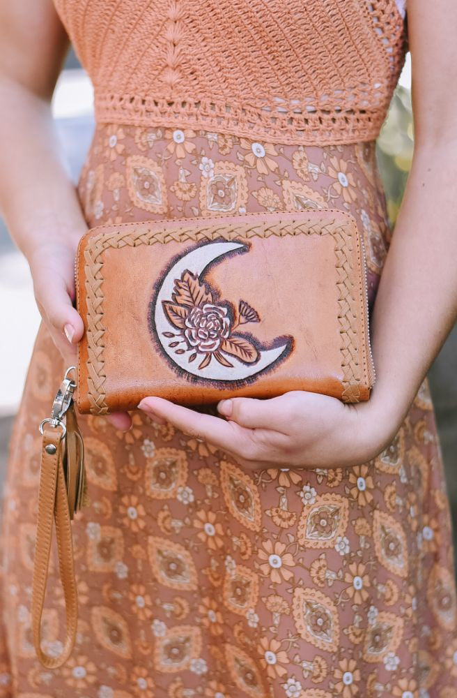 womens crescent moon boho purse wallet tan colour