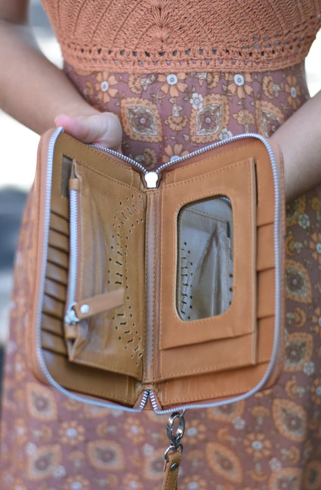 cresent moon boho leather purse wallet tan colour