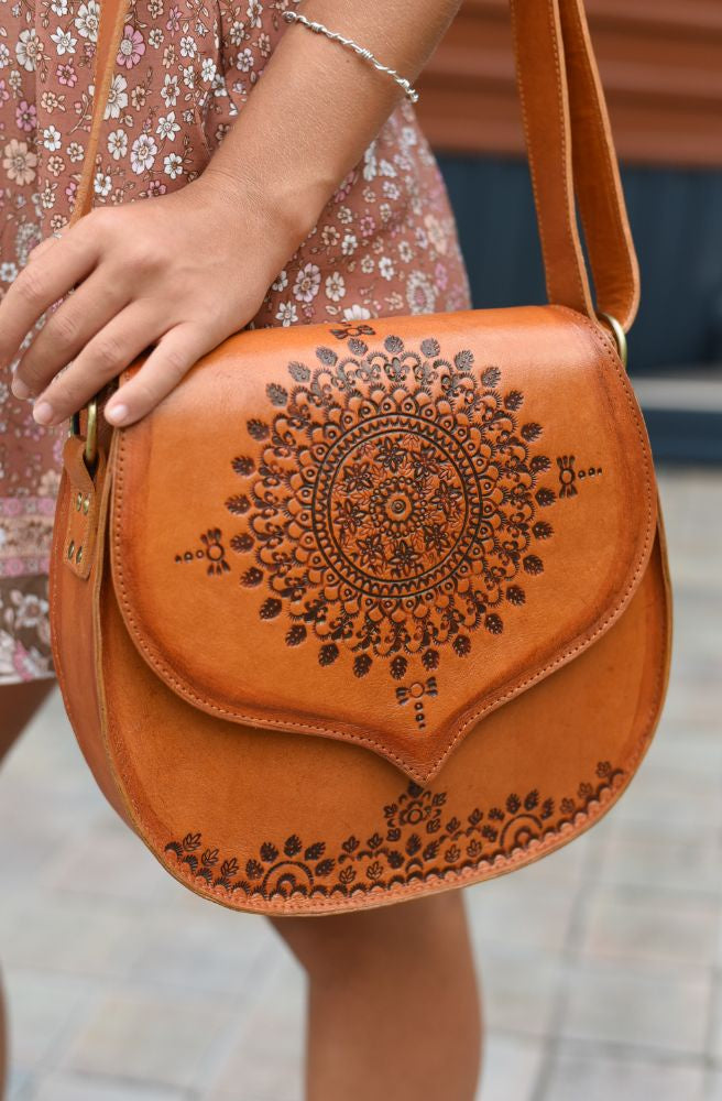 Hand carved boho leather crossbody bags online