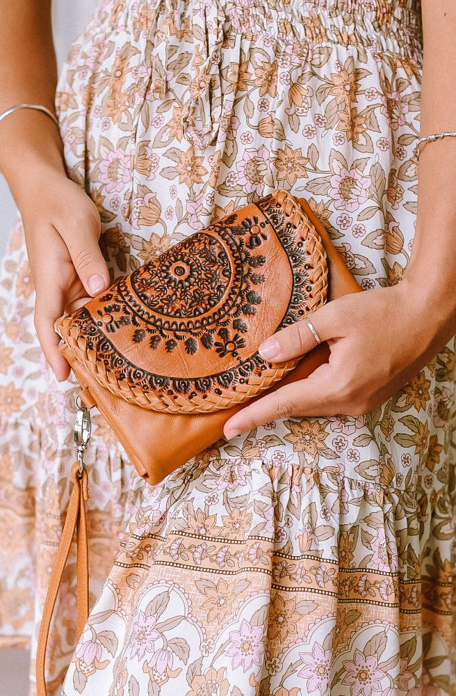 hand tooled vintage mandala wallet purse clutch