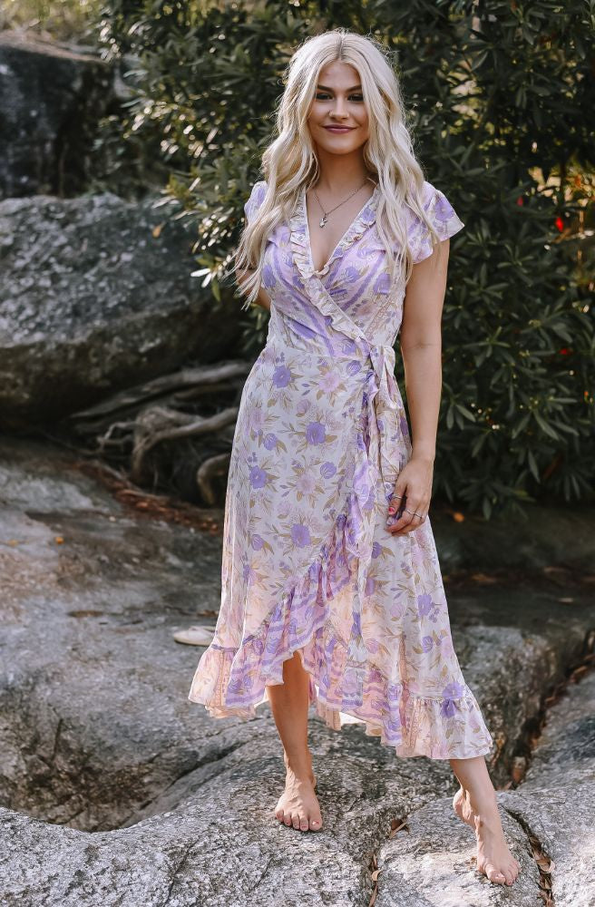 boho style wrap dress, lavender floral print