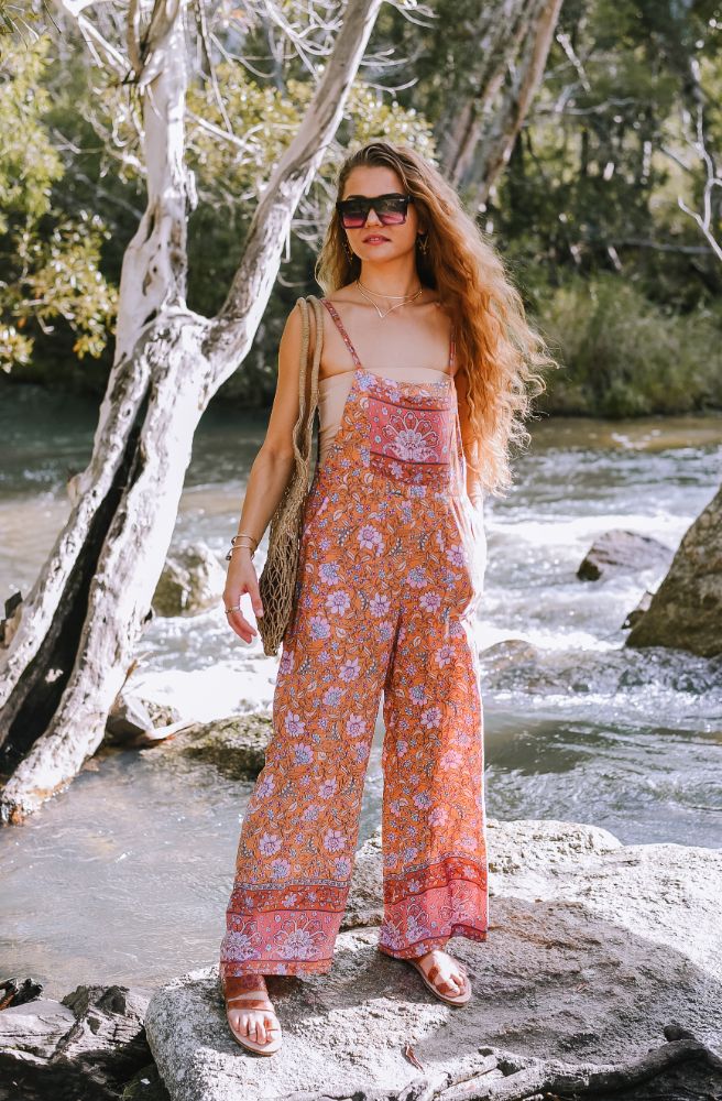 hippy womens overalls earthy boho print