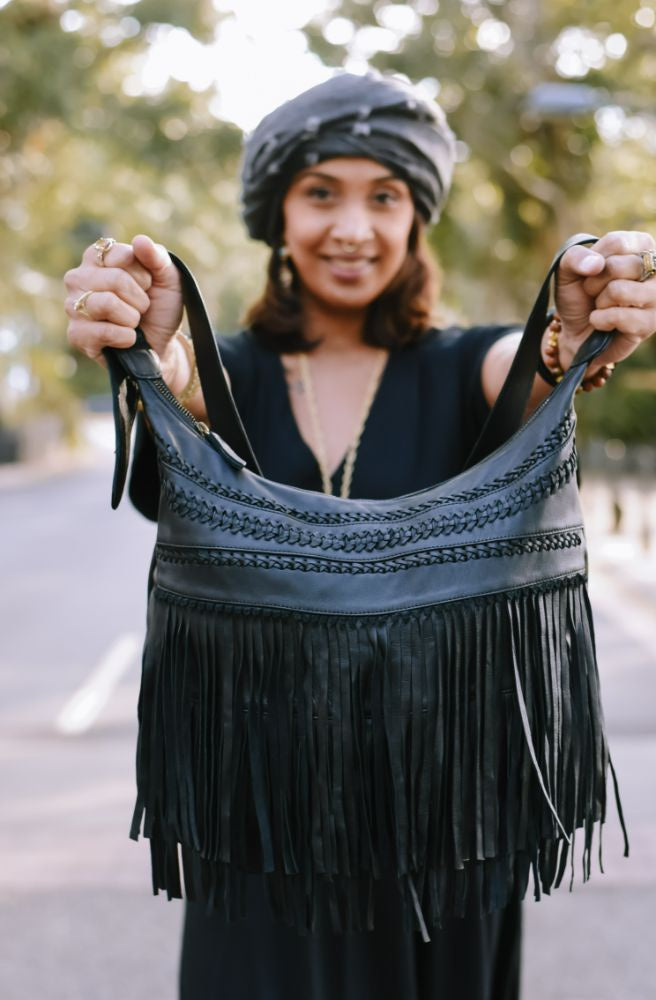 Black sheeps leather boho fringe shoulder bag