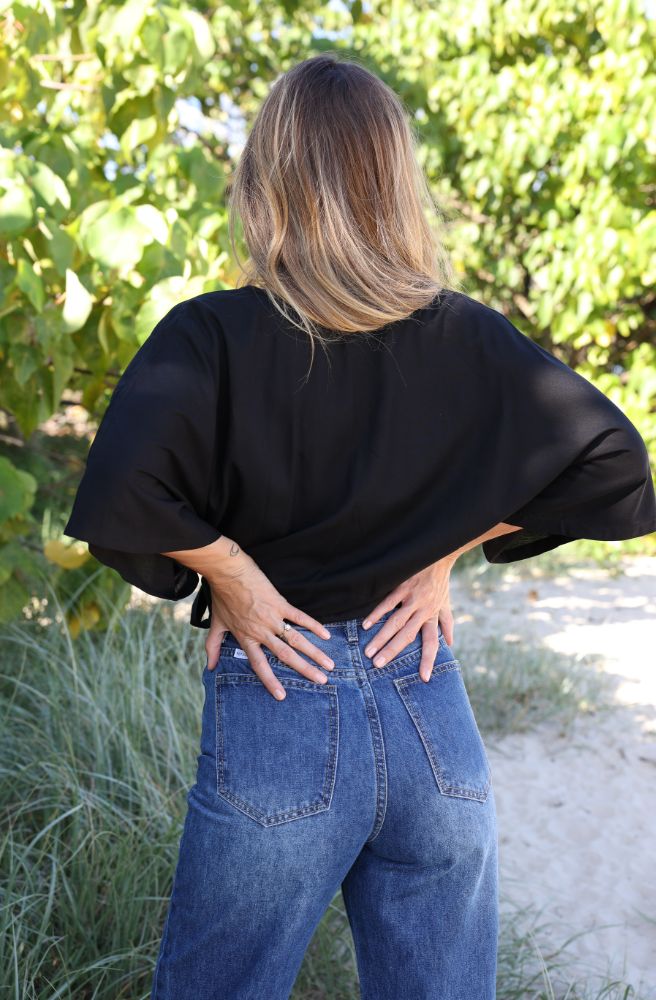 Ebony Shazza Top, Rear View Black Rayon Blouse 