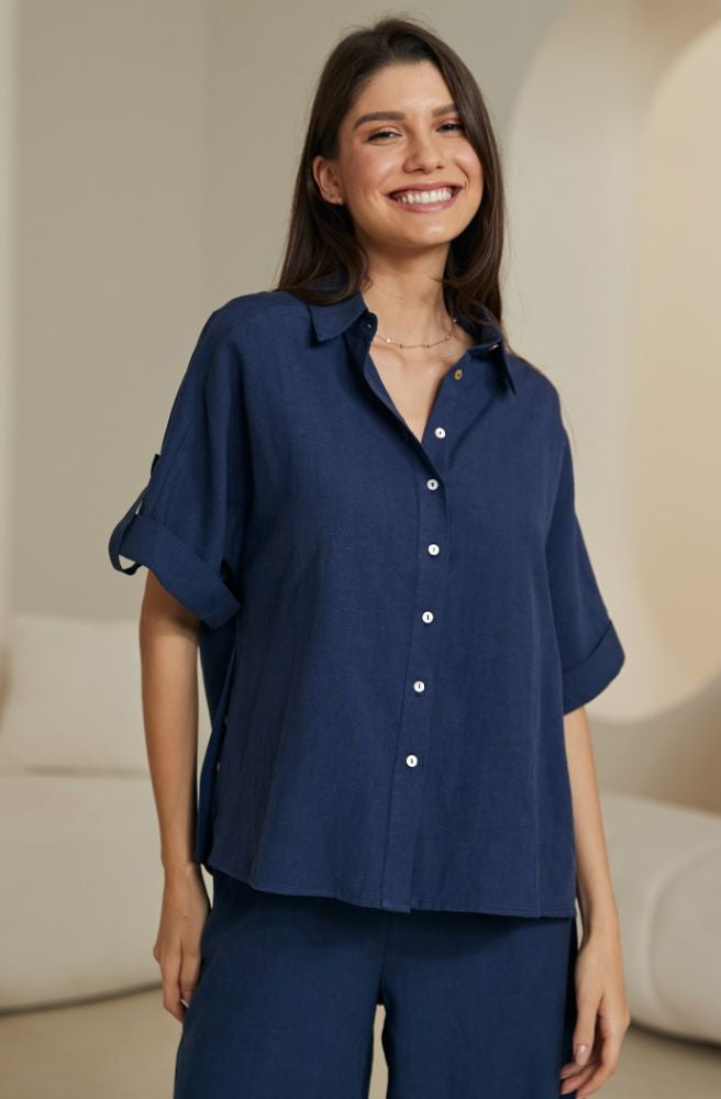 womens boho clothing online navy blue linen cotton shirt