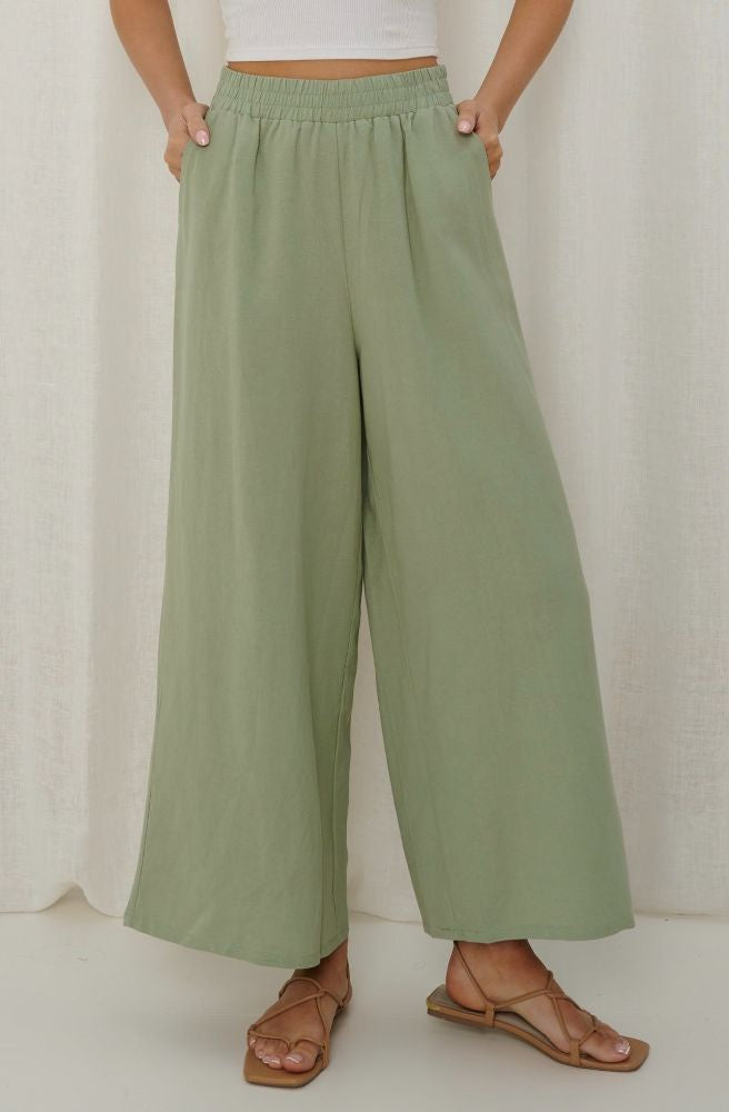 womens boho clothing cotton linen wide leg pants sage colour