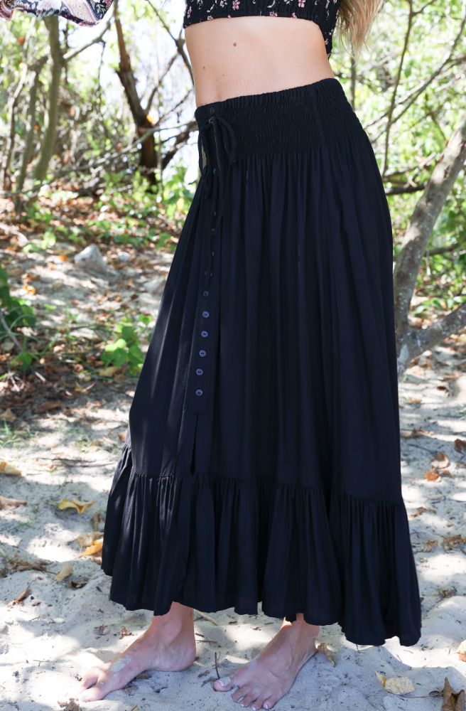 boho style black maxi skirt, large ruffle hem