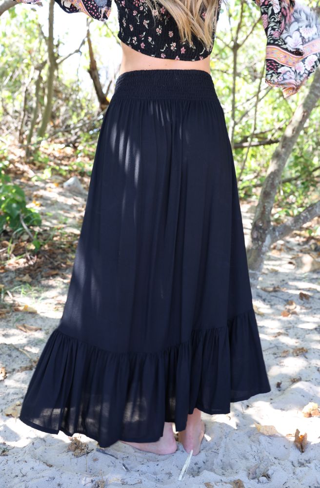 black boho maxi skirt, back view