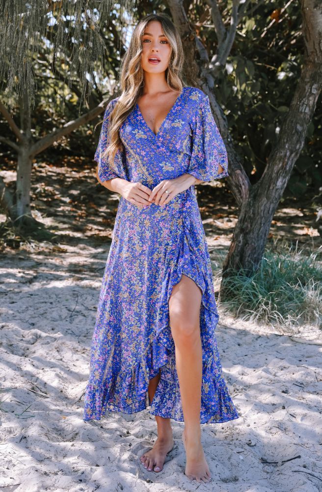 blue floral maxi wrap dress bohemian summer style