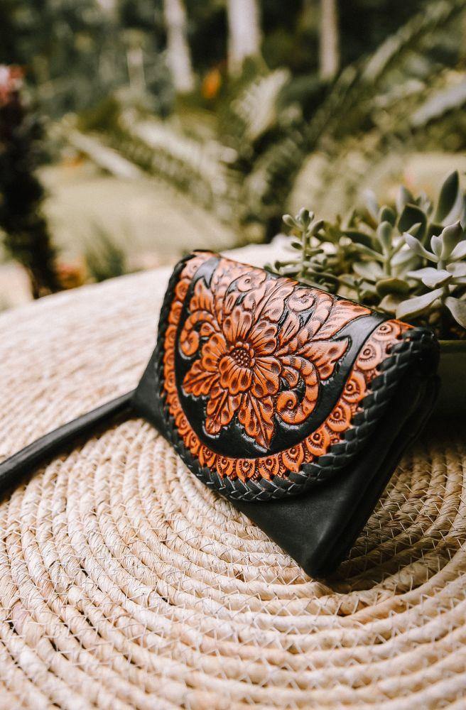 boho purse wallet black tan hand tooled vintage boho style