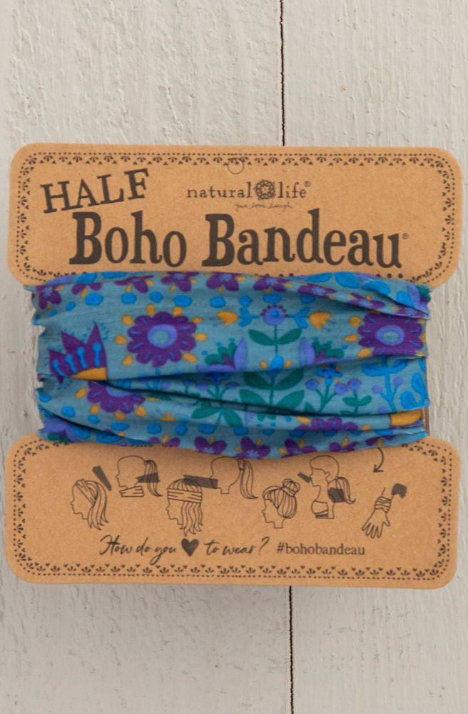 boho bandeau stretch knit headband blue colour floral print