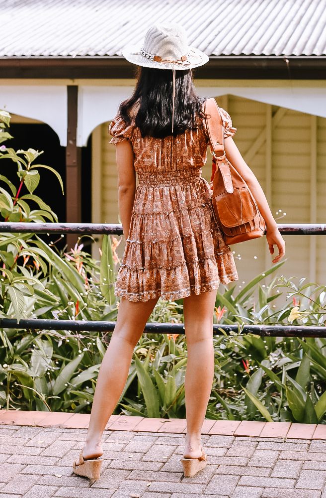 Women's Brown Bayou Maggie Dress in soft super rayon with elastic puff sleeves and an off-shoulder bohemian silhouette.