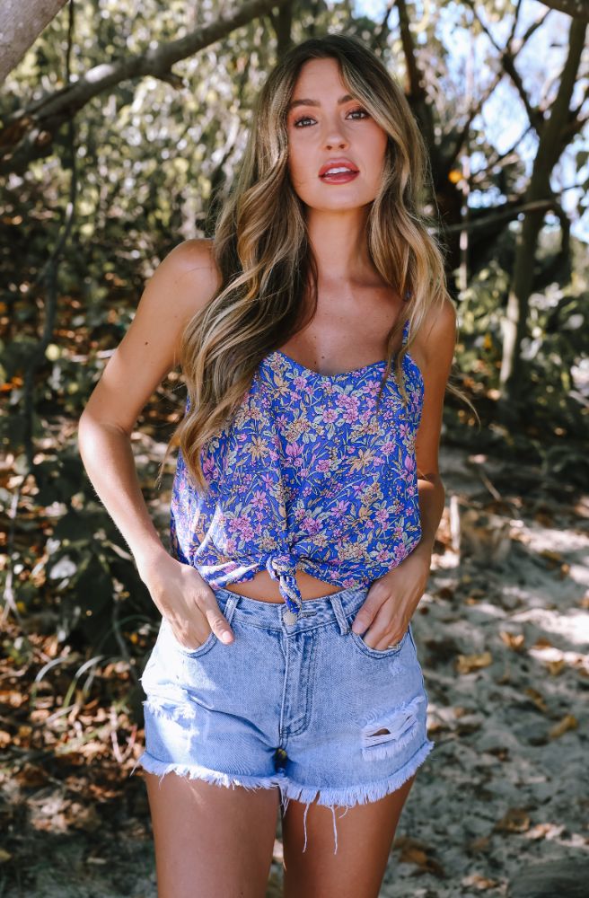 Cobalt Bloom Kelly Singlet close up cobalt floral rayon fabric