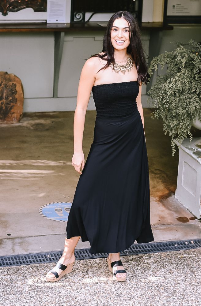 Ebony Bandeau black strapless shirred top boho bandeau front view