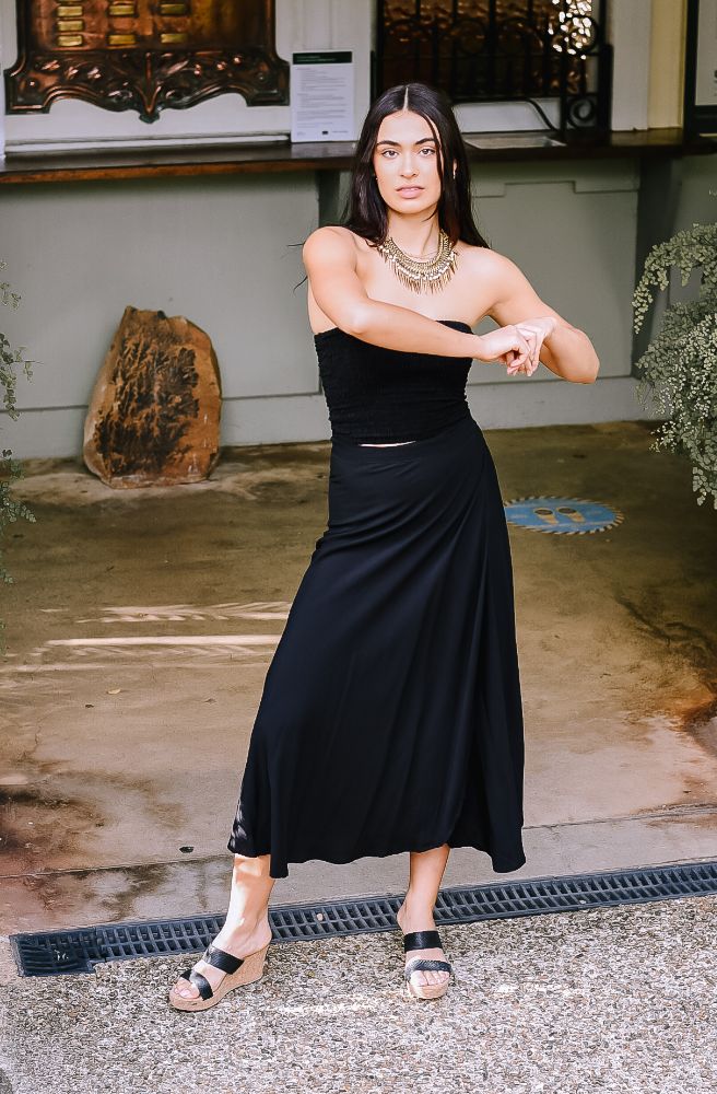 Ebony Fiori Skirt black wrap style high waist rayon skirt uneven hem front view