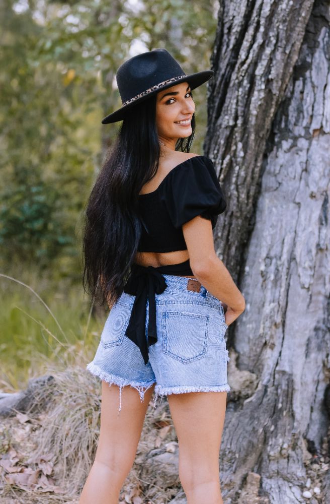 Ebony Lauren Top back view tie back shirred crop top