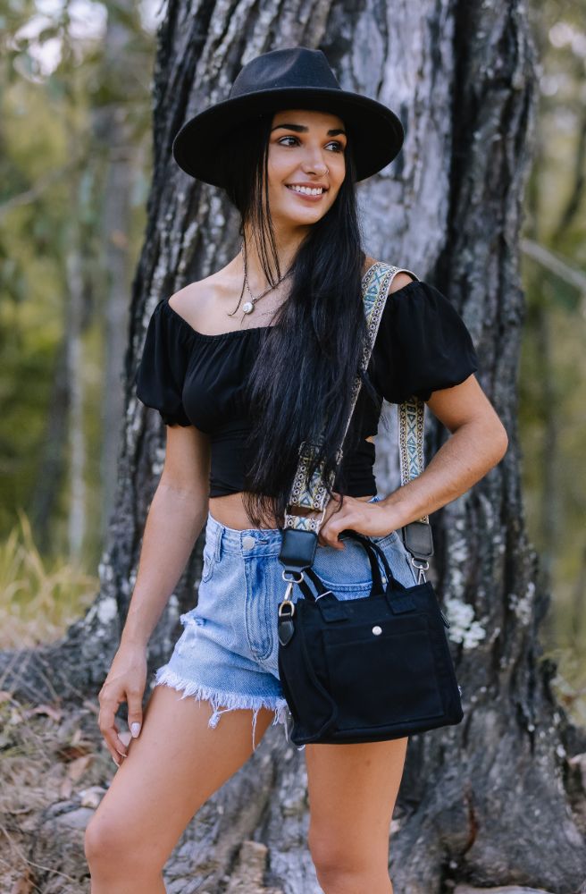 Ebony Lauren Top front view black puff sleeve crop top