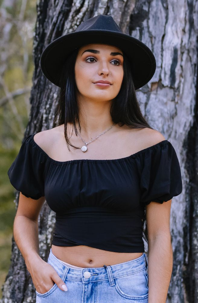 Ebony Lauren Top close up puff sleeve rayon fabric
