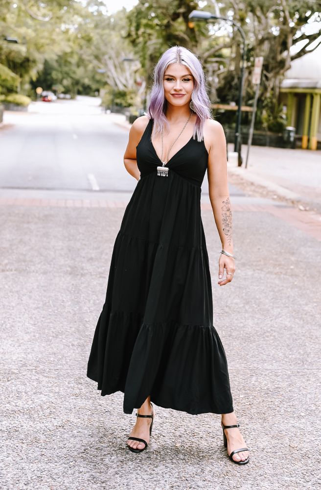 Ebony Seeker Maxi Dress front view black halter boho maxi