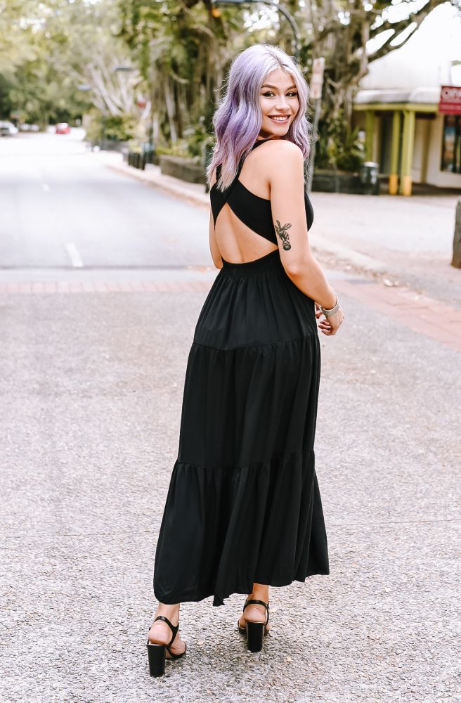 Ebony Seeker Maxi Dress back view keyhole open back dress