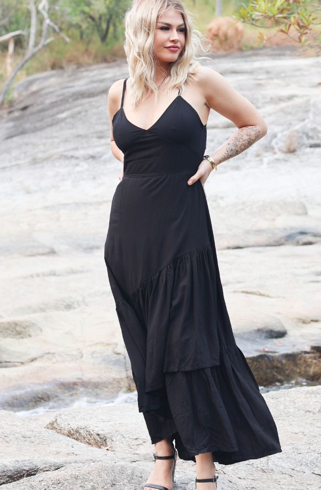 Ebony Sophia Maxi Dress with adjustable straps, V-neckline and elegant open back by Honey Bunch