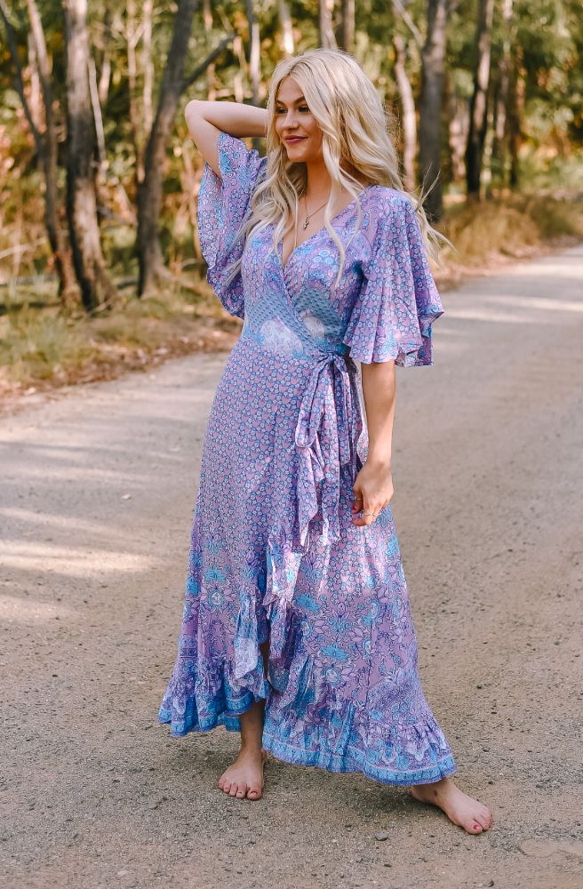 Indian Sari Combi Wrap Dress lilac boho print wrap dress flutter sleeves front view