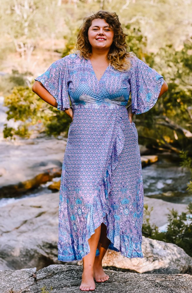 Indian Sari Combi Wrap Dress close up lilac sari print rayon fabric detail in plus size