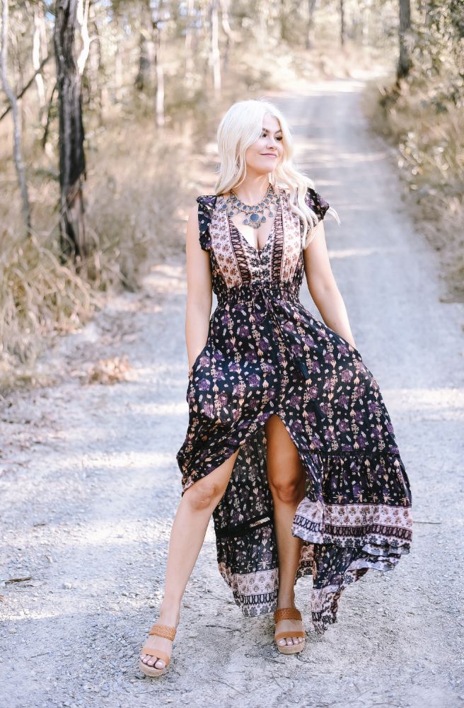 Savannah Nafisa Maxi Dress close up savannah print rayon fabric
