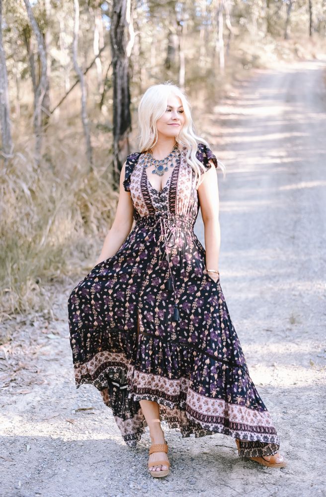 Savannah Nafisa Closed Back Maxi Dress, Shirred Waist, V Neckline and Ruffle Hem